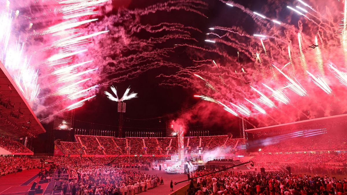 Fireworks erupt over the Alexander Stadium during the closing ceremony of the Commonwealth Games in Birmingham. Credit: Reuters Photo