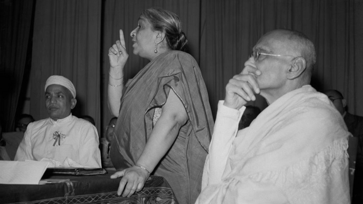 Sarojini Naidu (1879 - 1949, centre) gives her inaugural address at the World Religions Conference in New Delhi, India, March 1947. She was appointed leader of the Indian delegation to the Inter Asian Conference. Credit: Photo by Keystone/Hulton Archive/Getty Images