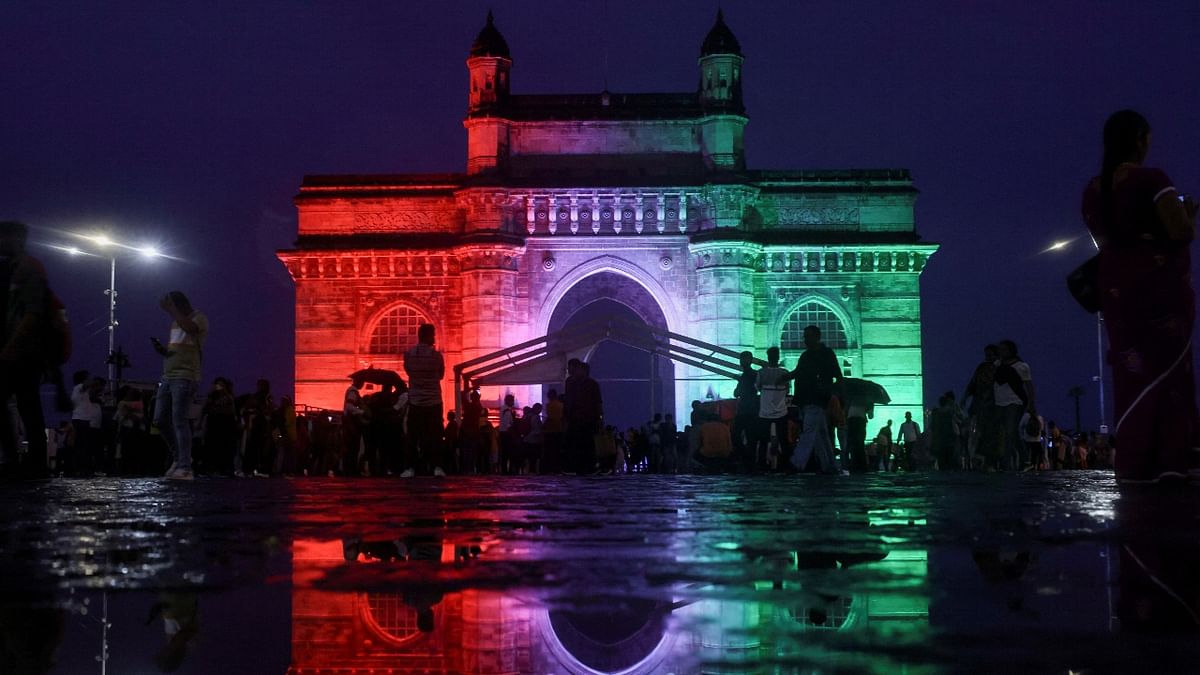 The Gateway of India is lit in the colours of the Indian national flag ahead of its 75th Independence Day, in Mumbai. Credit: Reuters Photo