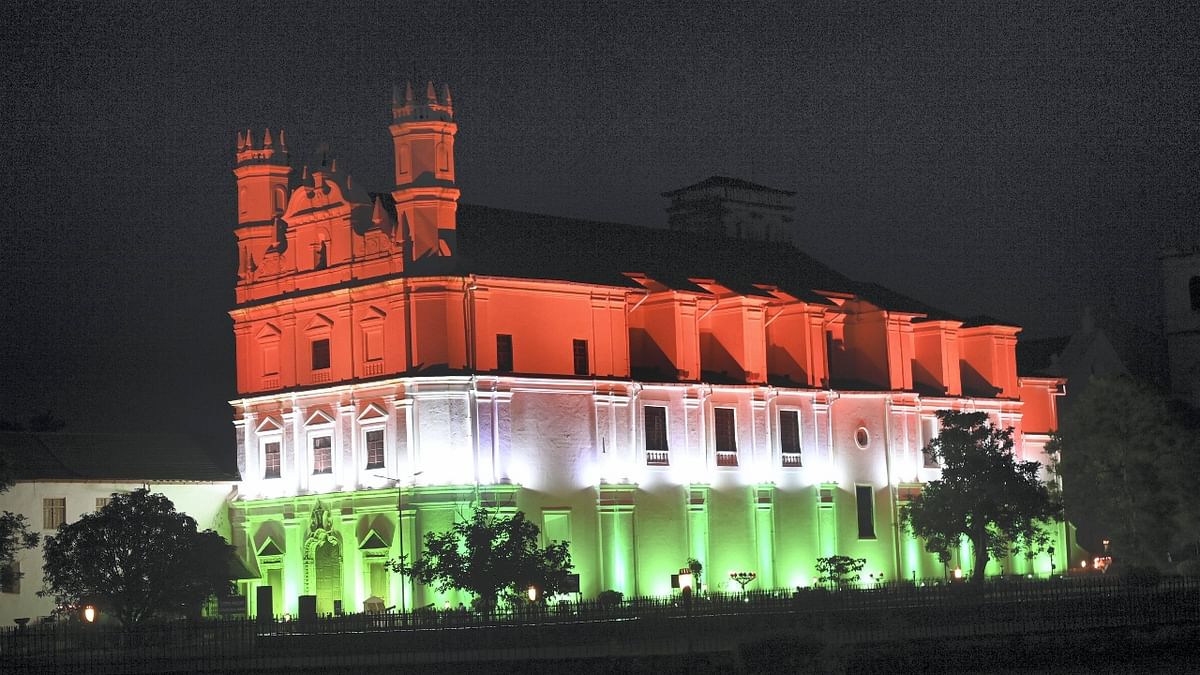 St Cathedral Church illuminated with tricolour lights ahead of Independence Day, in Goa. Credit: PTI Photo