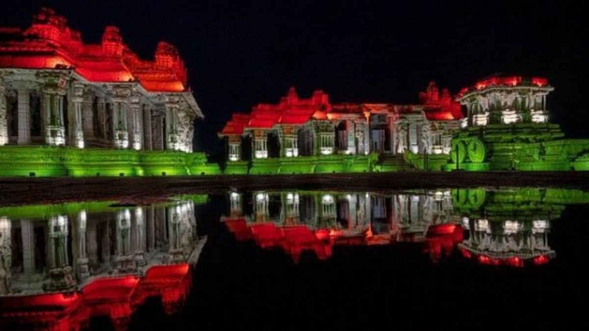 Hampi, a UNESCO World Heritage Site, has been brilliantly illuminated in tri colours to mark Amrit Mahotsav. Credit: AFP