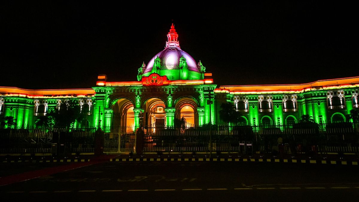 Uttar Pradesh Vidhan Sabha illuminated with dynamic facade lighting in Lucknow. Credit: PTI Photo