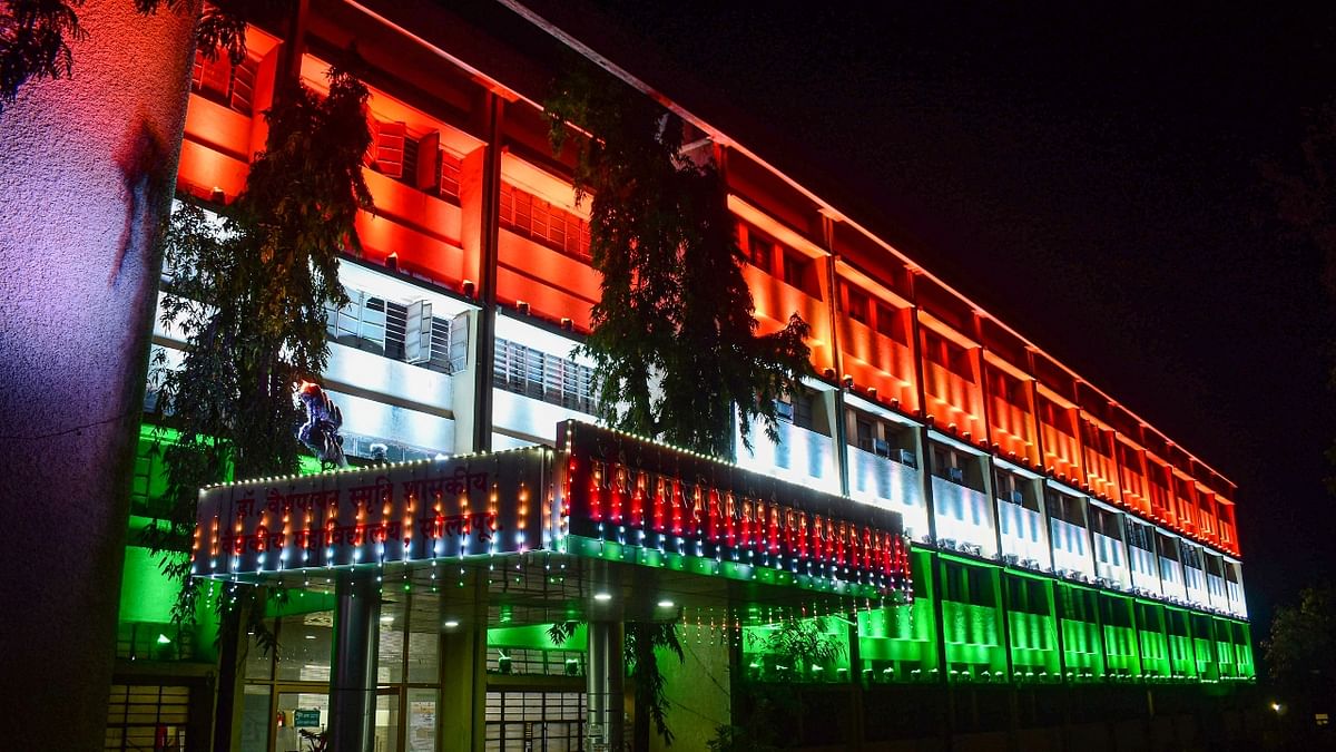 Vaishampayan Government Medical College illuminated with tricolour ahead of Independence Day, in Solapur, Maharashtra. Credit: PTI Photo