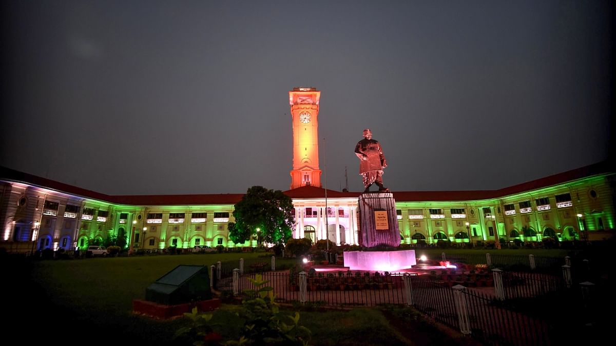 Old Secretariat building illuminated with tricolour lights ahead of the 75th Independence Day, in Patna. Credit: PTI Photo