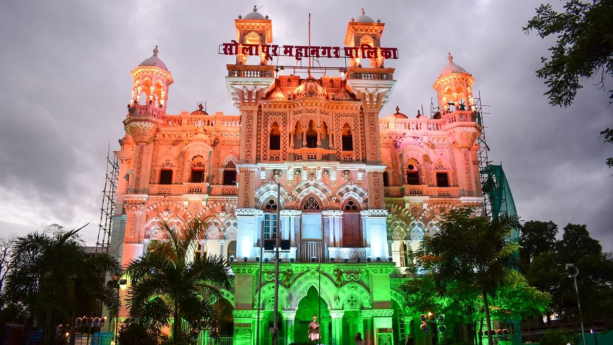 Municipal corporation building illuminated with tricolour lights, as part of 'Azadi Ka Amrit Mahotsav' celebrations to commemorate the 75th anniversary of India’s independence, in Solapur, Maharashtra. Credit: PTI Photo