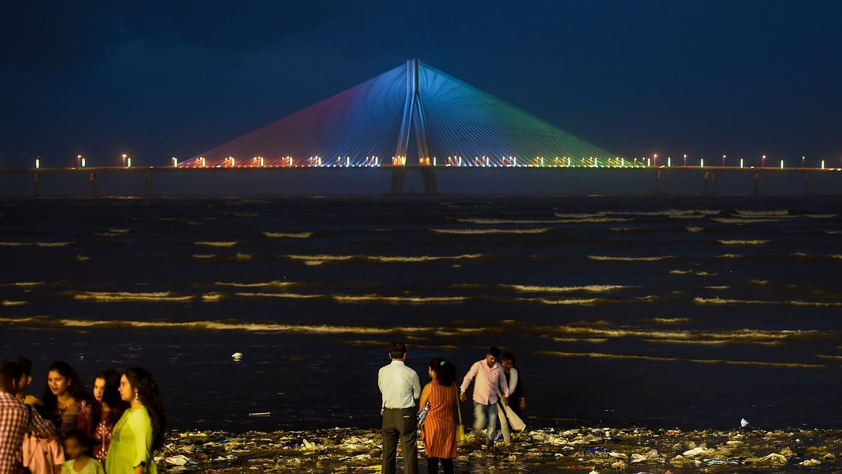 Bandra Worli Sea Link is illuminated with tricolour light as part of the 'Azadi Ka Amrit Mahotsav' celebrations, in Mumbai. Credit: PTI Photo