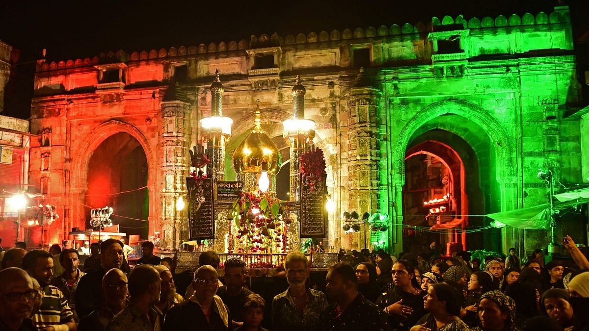 Teen Darwaza illuminated with Indian tricolour, in Ahmedabad. Credit: AFP Photo