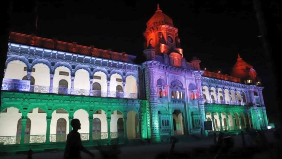 Mubarak Mandi the iconic monument in Jammu is lit in tricolour to mark the Har Ghar Tiranga campaign. Credit: ANI