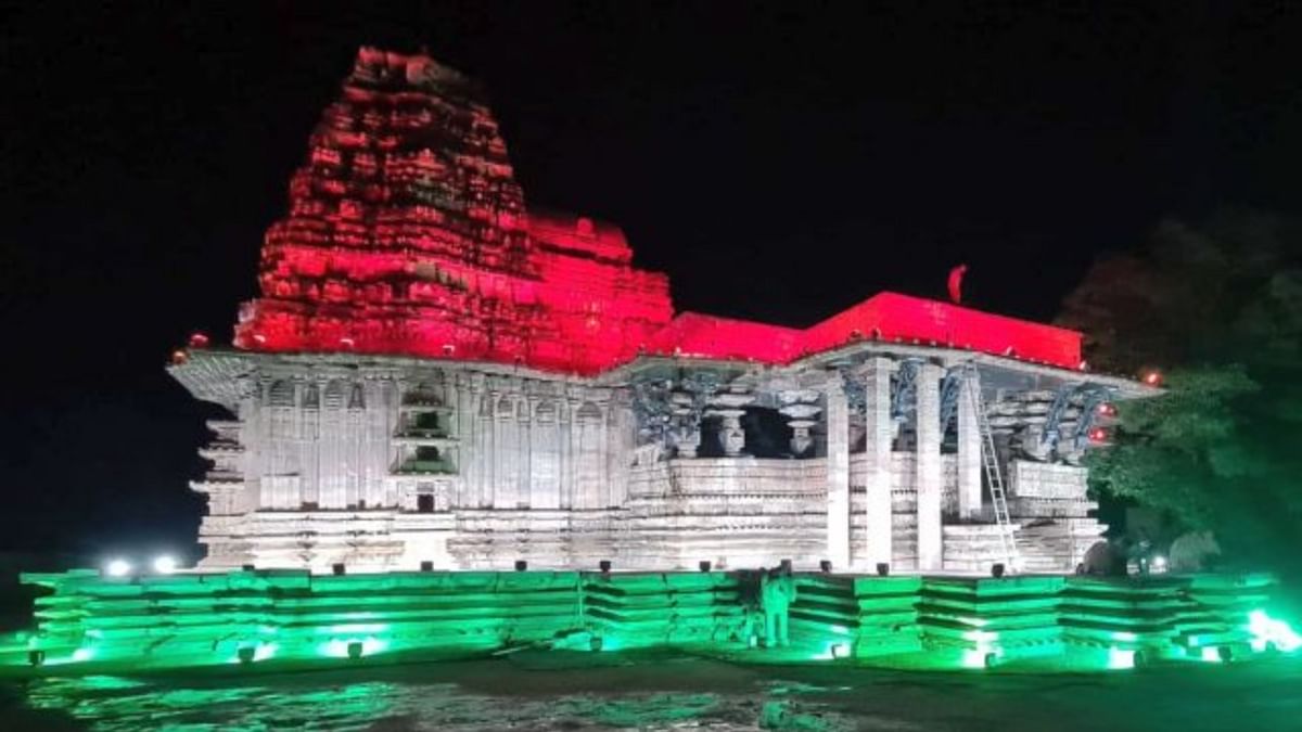 Ramappa Temple, also known as the Rudreshwara temple in the state of Telangana is seen smeared in the colours of the national flag. Credit: Twitter/HiHyderabad