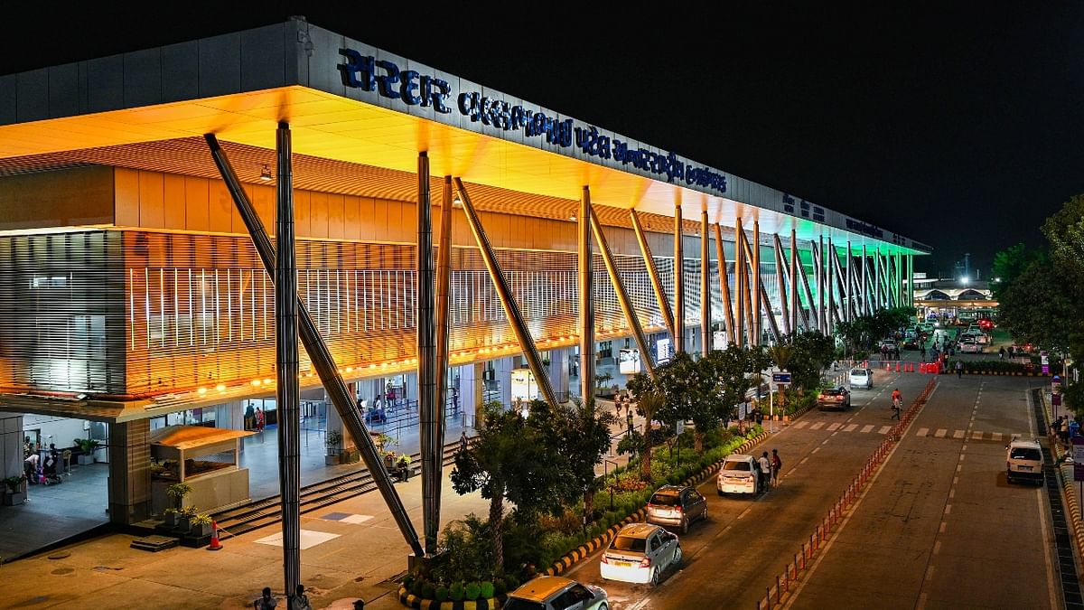 Sardar Vallabhbhai Patel International Airport illuminated with tri-colour lights ahead of upcoming 75th Independence Day, in Ahmedabad. Credit: PTI Photo