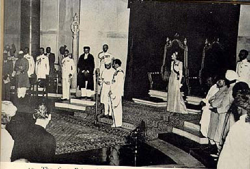 Pandit Jawaharlal Nehru taking oath at the midnight of August 15, 1947. Credit: DH Archives