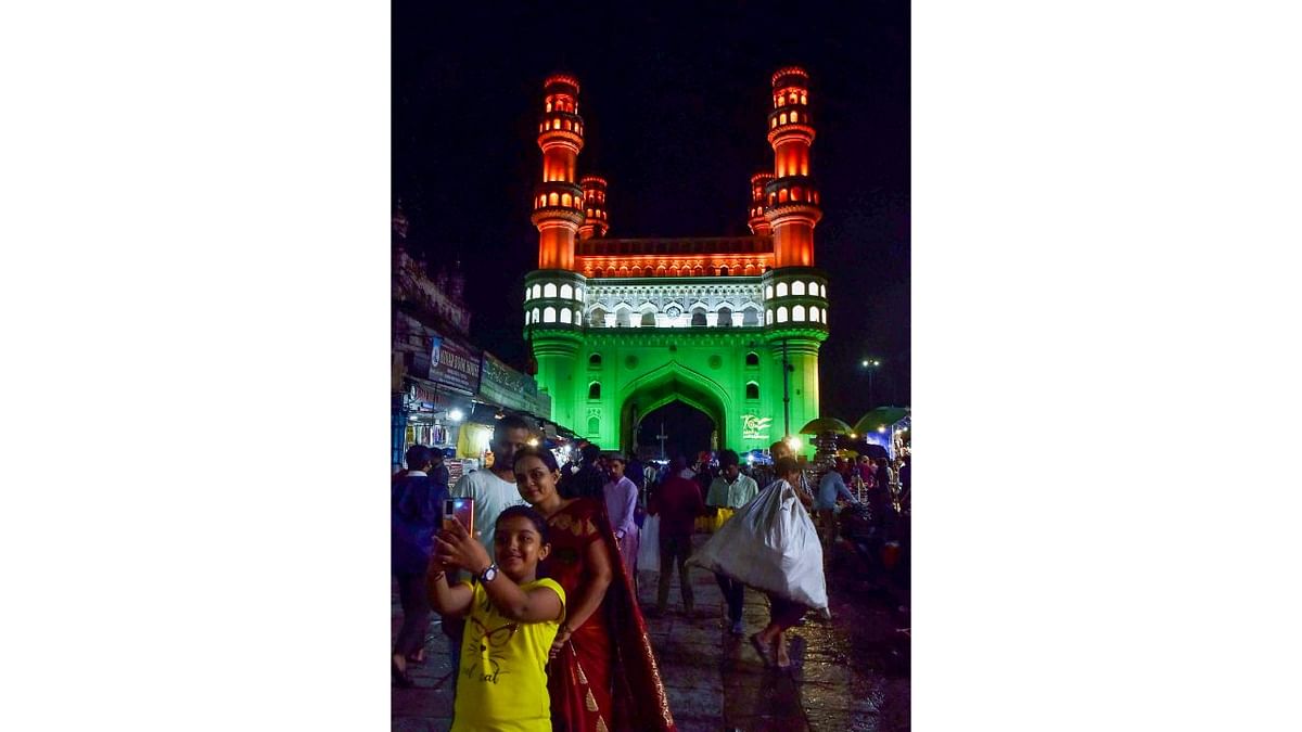 Charminar illuminated with tricolour lights ahead of Independence Day, in old city of Hyderabad. Credit: PTI Photo