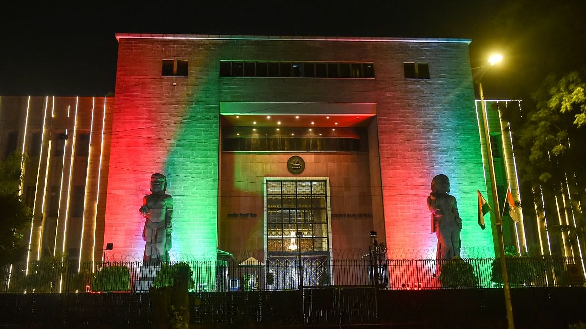 Reserve Bank of India (RBI) building illuminated with tricolour lights as part of 'Azadi ka Amrit Mahotsav' celebrations, ahead of Independence Day, in New Delhi. Credit: PTI Photo