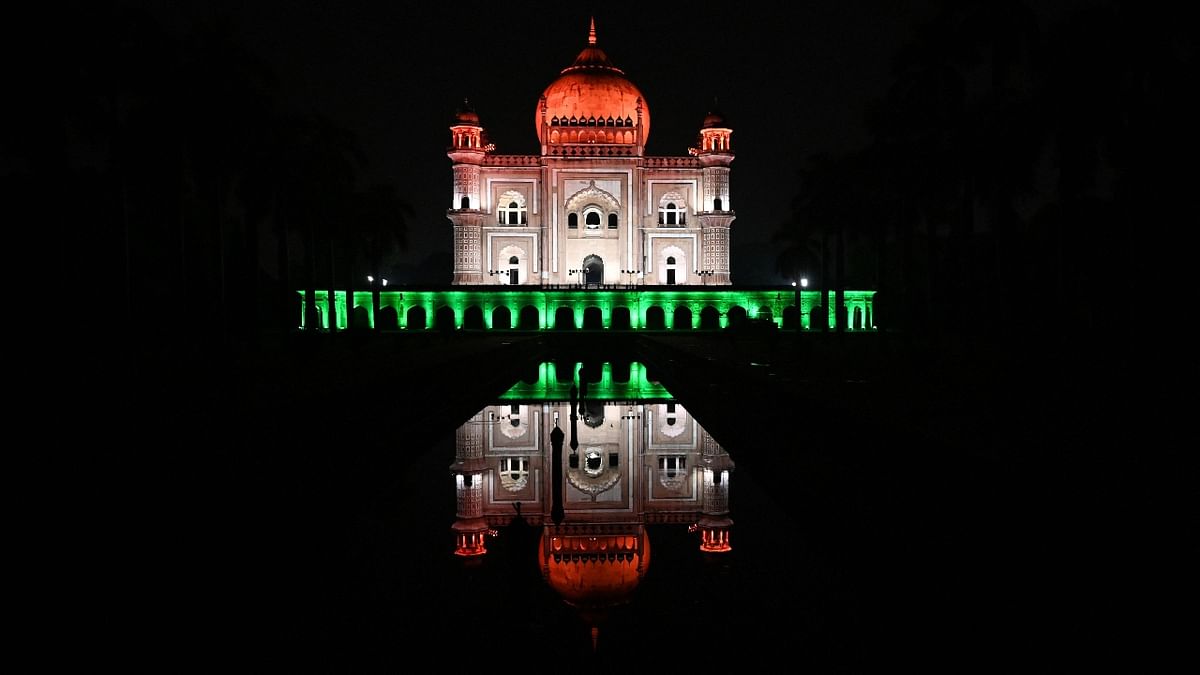 Safdarjung Tomb is seen lit up with India's national flag colours as a part of celebrations ahead of the country's 75th Independence Day, in New Delhi. Credit: AFP Photo