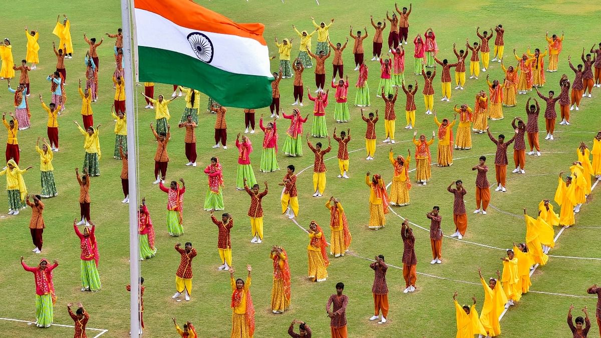 School students perform during a cultural programme organised on the occasion of 76th Independence Day, in Jaipur. Credit: PTI Photo