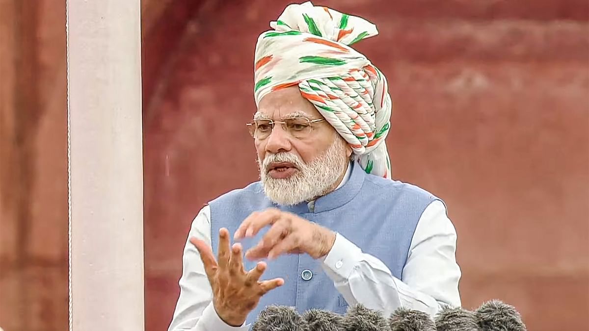 Prime Minister Narendra Modi wore a distinctive headgear as he hoisted the National Flag and addressed the nation from the ramparts of the iconic Red Fort to mark the occasion of the country's 76th Independence Day. Credit: PTI Photo