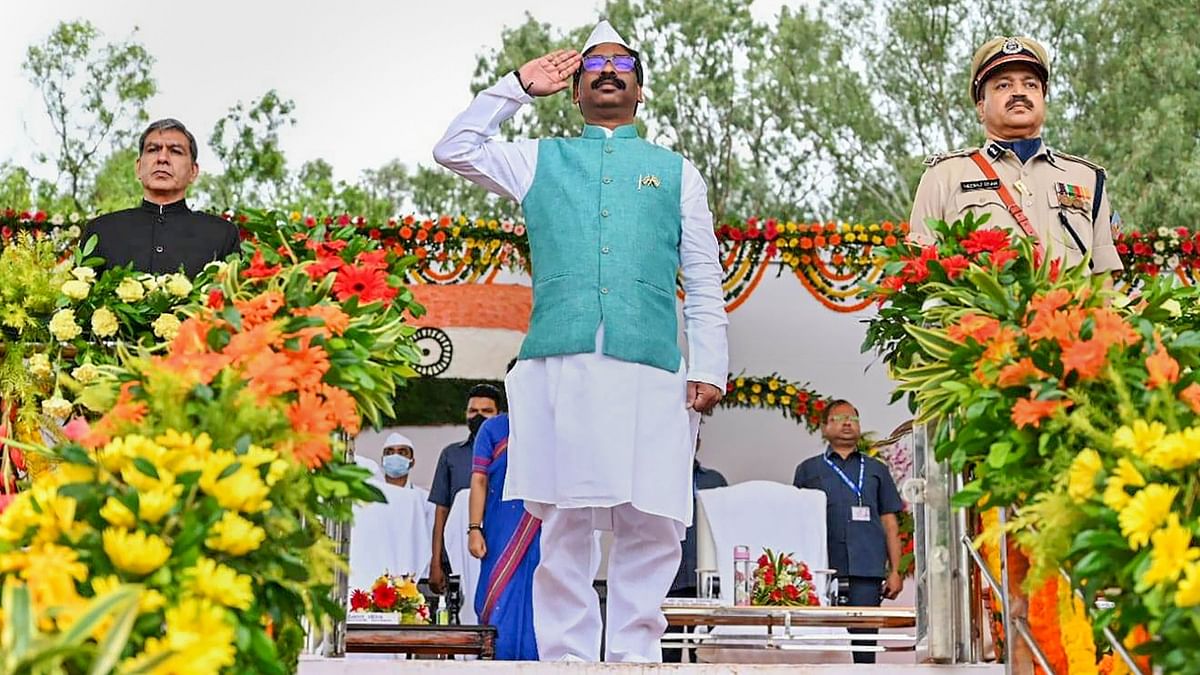 Jharkhand Chief Minister Hemant Soren salutes the parade during the 76th Independence Day function at Morhabadi Ground in Ranchi. Credit: PTI Photo