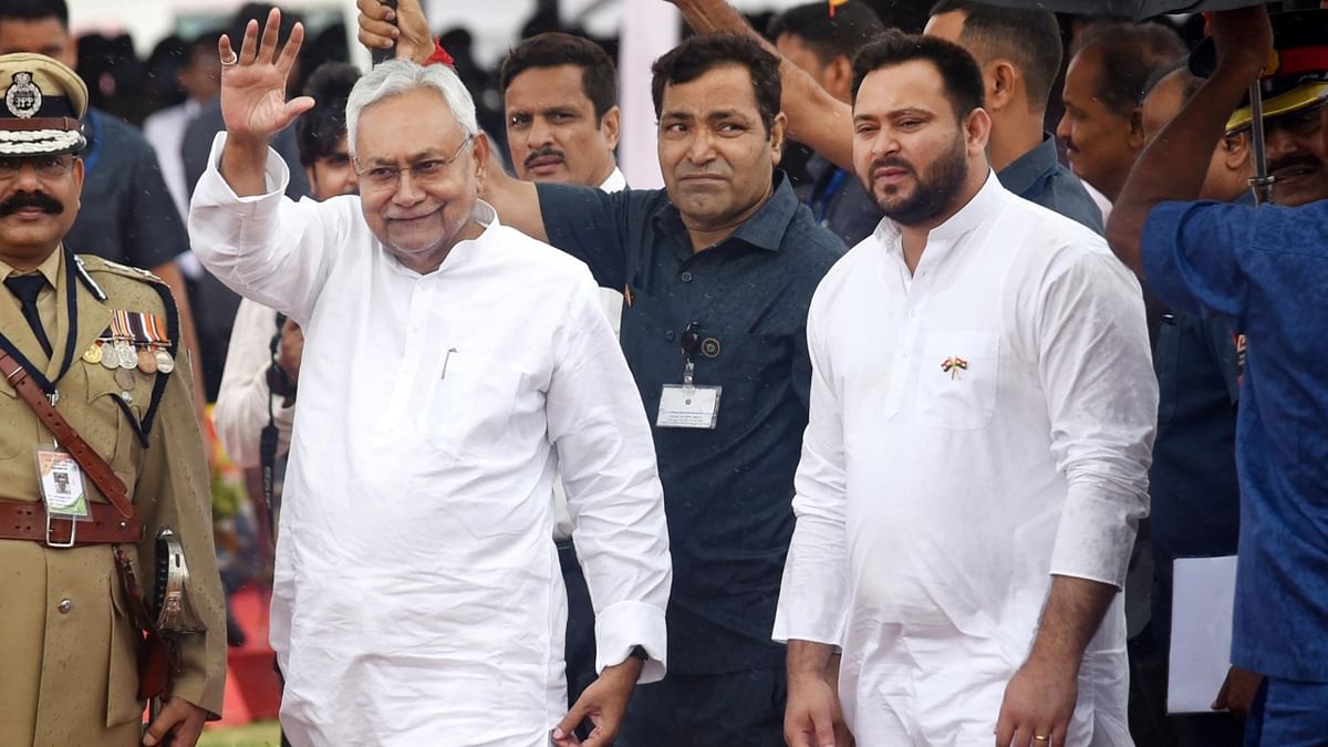 Bihar Chief Minister Nitish Kumar with Deputy Chief Minister Tejashwi Yadav at the 76th Independence Day function in Patna. Credit: PTI Photo