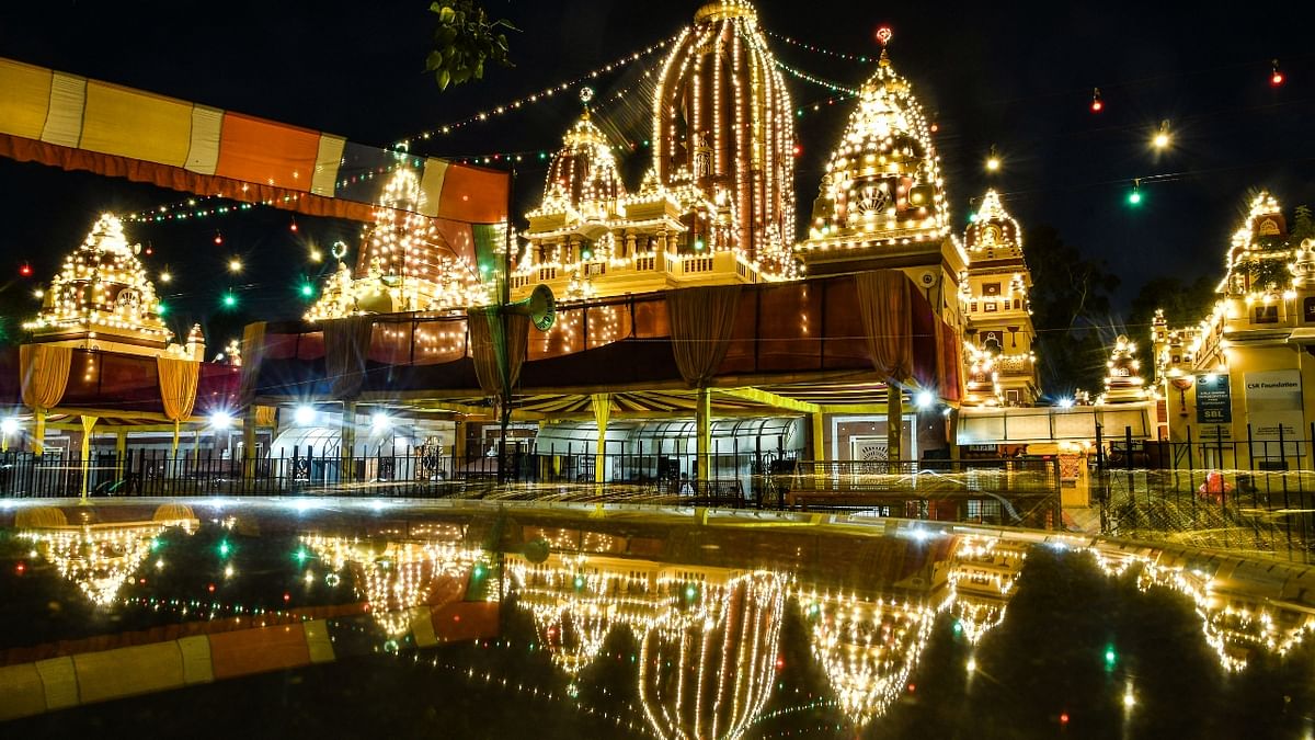 Laxmi Narayan Temple decorated with lights on the occasion of 'Krishna Janmashtami' in New Delhi. Credit: PTI Photo