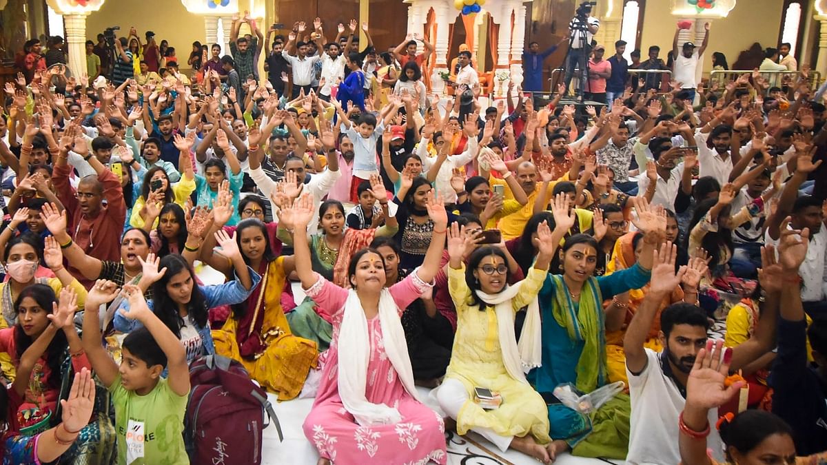 Devotees gather at an ISKCON temple on the occasion of 'Janmashtami', in Patna. Credit: PTI Photo