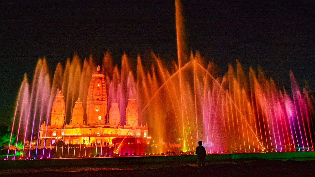 Illuminated JK Temple on the occasion of 'Krishna Janmashtami' in Kanpur. Credit: PTI Photo