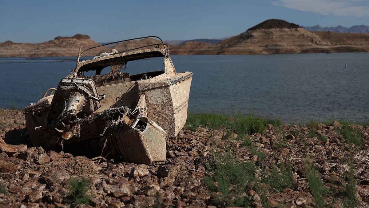 A formerly sunken boat sits on dry land in a section of Lake Mead that was previously underwater in Lake Mead National Recreation Area, Nevada. Credit: AFP Photo