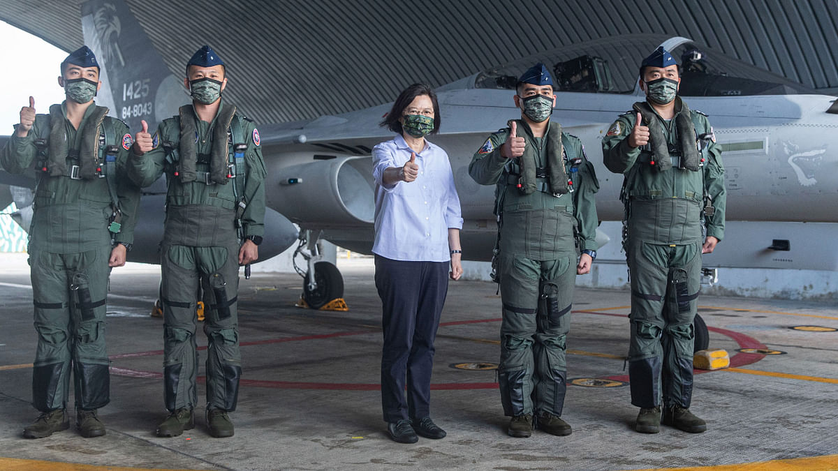 In this photo released by the Taiwan Ministry of National Defense, Taiwan's President Tsai Ing-wen is briefed during a visit to a naval station on Penghu, an archipelago of several dozen islands off Taiwan's western coast on Tuesday, Aug. 30, 2022. Credit: AP/PTI Photo