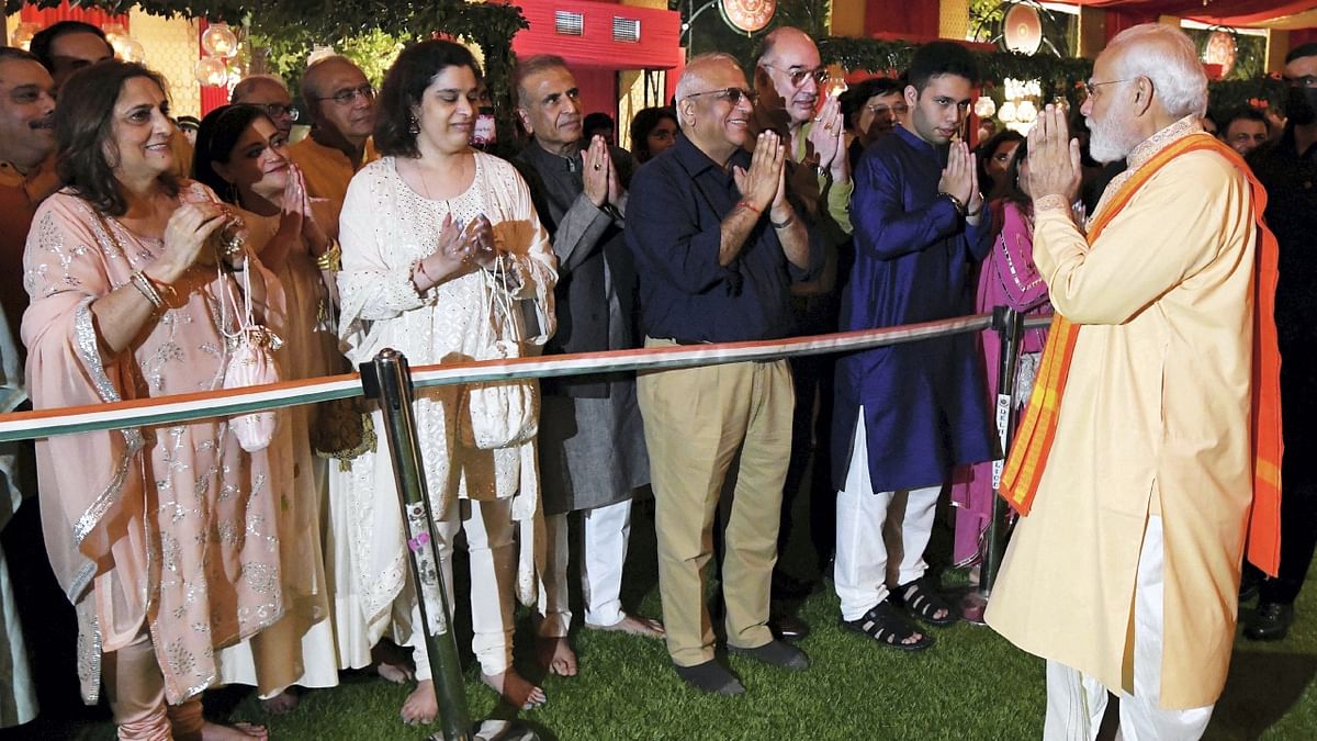 Congress leader Abhishek Manu Singhvi and businessman Sunil Bharti Mittal were also present for the auspicious ceremony. Credit: PTI Photo