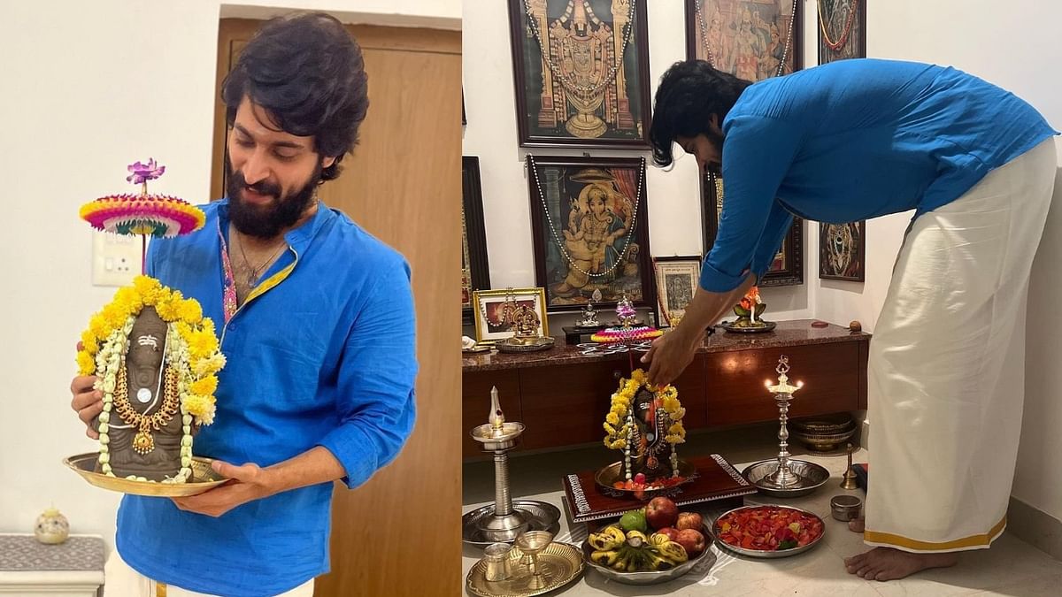 Keeping the tradition going, Kollywood actor Harish Kalyan brought home an eco-friendly idol this year too. Credit: Twitter/iamharishkalyan