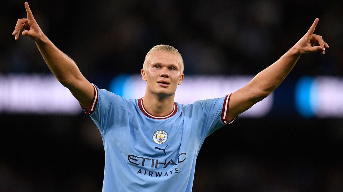 Manchester City's Norwegian striker Erling Haaland celebrates after scoring the team's third goal during the English Premier League football match between Manchester City and Nottingham Forest at the Etihad Stadium in Manchester, north west England, on August 31, 2022. Credit: AFP Photo