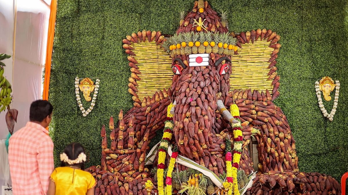 An idol of Lord Ganesh prepared using banana flowers being displayed at a pandal on the occasion of Ganesh Chaturthi in Chennai. Credit: PTI Photo