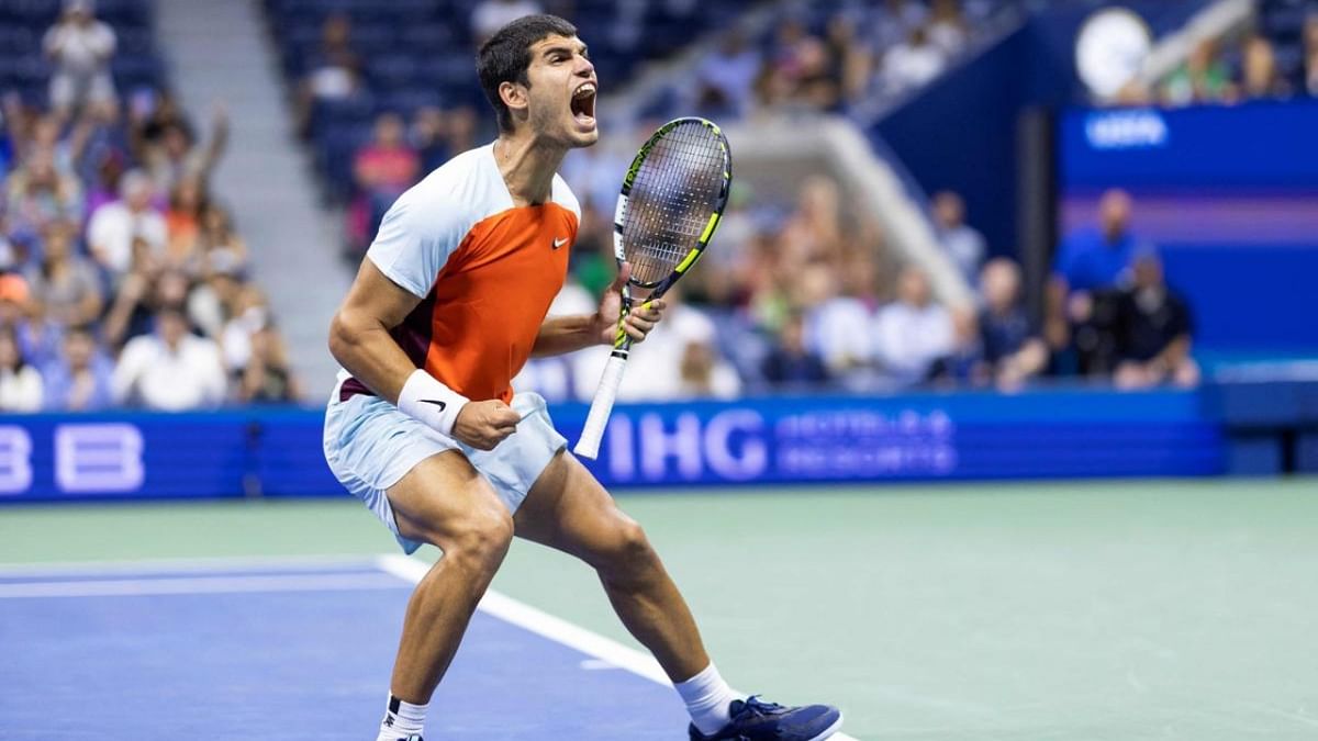 Carlos Alcaraz from Spain reacts during his fourth round 2022 US Open Tennis tournament men’s singles match against Marin Cilic from Croatia at the USTA Billie Jean King National Tennis Center in New York on September 5, 2022. Credit: AFP Photo