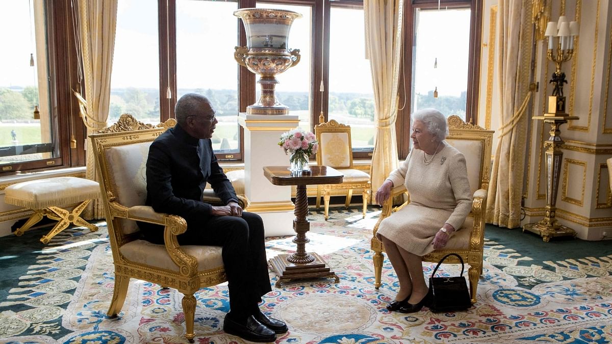 Queen Elizabeth II with President of Guyana David Granger during a private audience at Windsor Castle, west of London in April 2017. Credit: AFP Photo