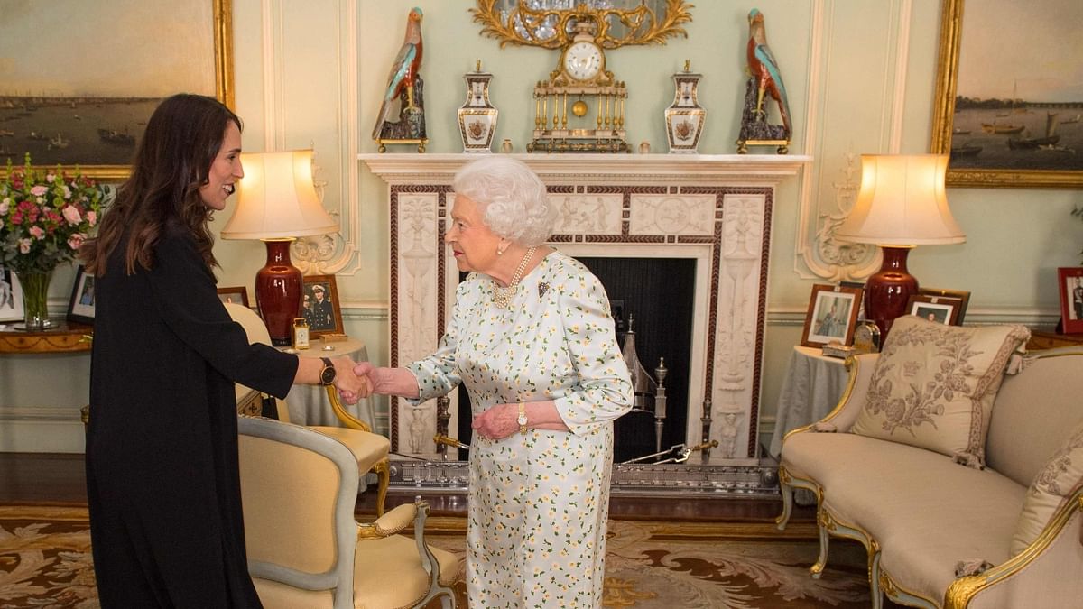 Prime Minister of New Zealand Jacinda Ardern and her partner Clarke Gayford are greeted by Queen Elizabeth II during a private audience at Buckingham Palace in London in April 2018. Credit: AFP Photo