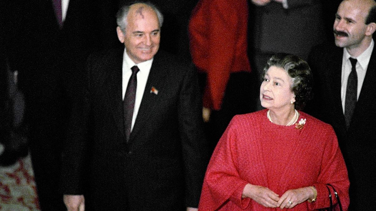 Soviet leader Mikhail Gorbachev converses with Queen Elizabeth II at Windsor castle at the end of Gorbachev's official visit to Great Britain in April 1989. Credit: AFP Photo