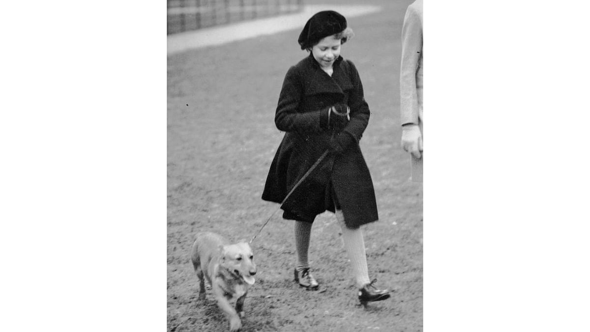 Princess Elizabeth takes her pet dog for a walk in Hyde Park, London, on February 26, 1936. It is widely known that Elizabeth loved corgi dogs. Credit: AP Photo