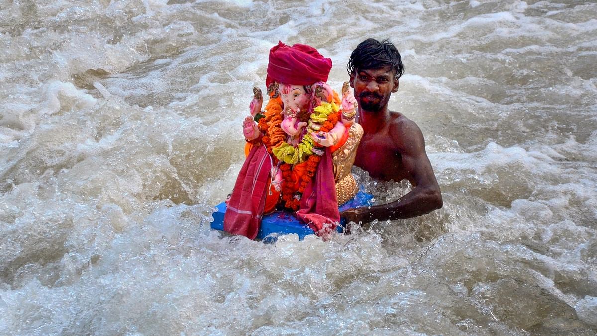 A volunteer immerses an idol of Lord Ganesha in a canal on the last day of the Ganesh Chaturthi festival, on the outskirts of Amritsar. Credit: PTI Photo