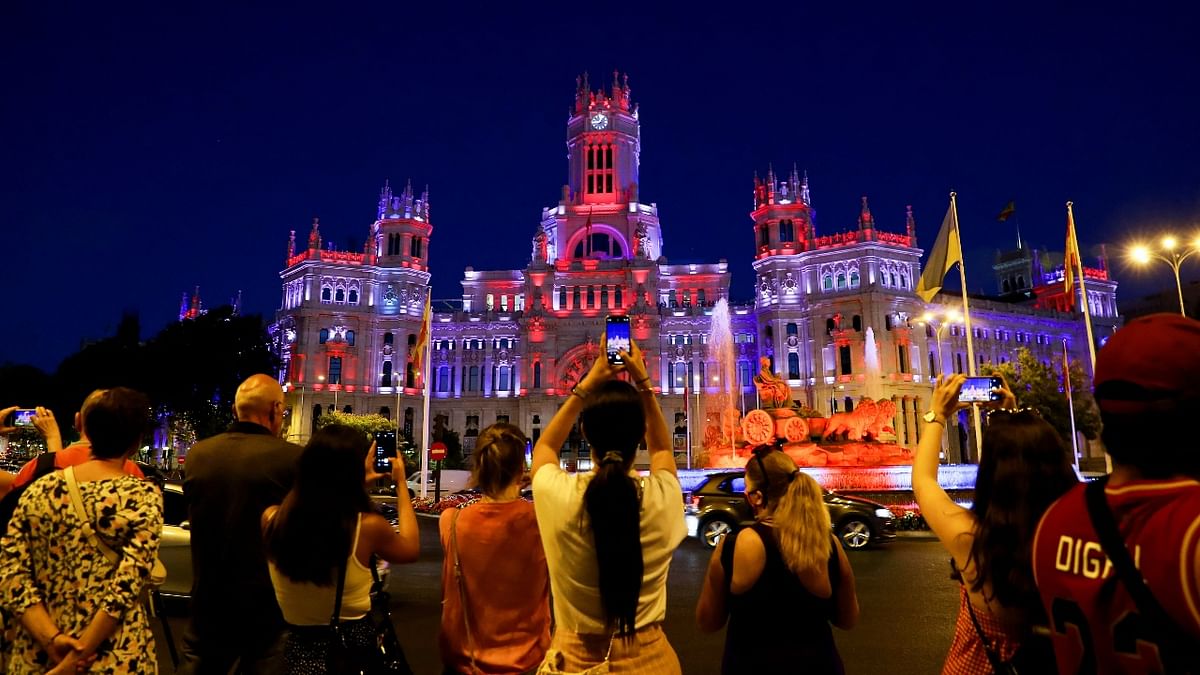 The Cibeles Palace, headquarters of the Madrid City Council illuminated with the Union Jack flag colours following the death of Queen Elizabeth II, Britain's longest-reigning monarch, in Madrid, Spain. Credit: Reuters Photo