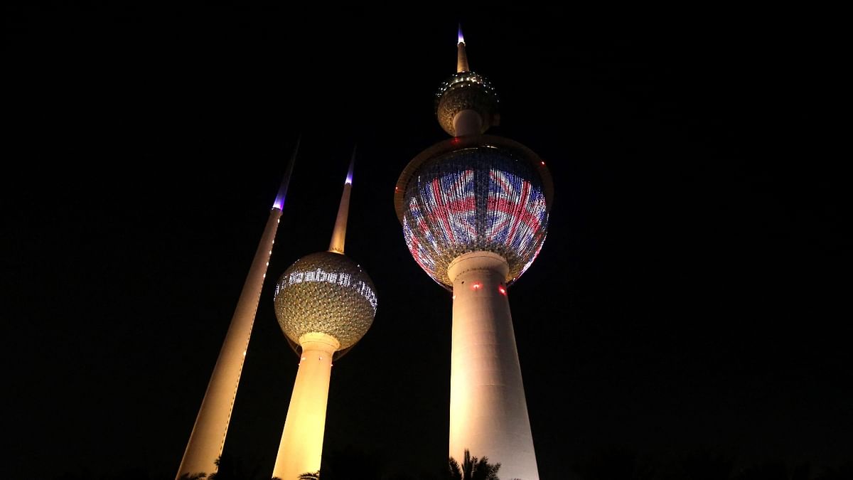 The Kuwait Towers are illuminated with the British flag in Kuwait City following the demise of Queen Elizabeth II. Credit: AFP Photo