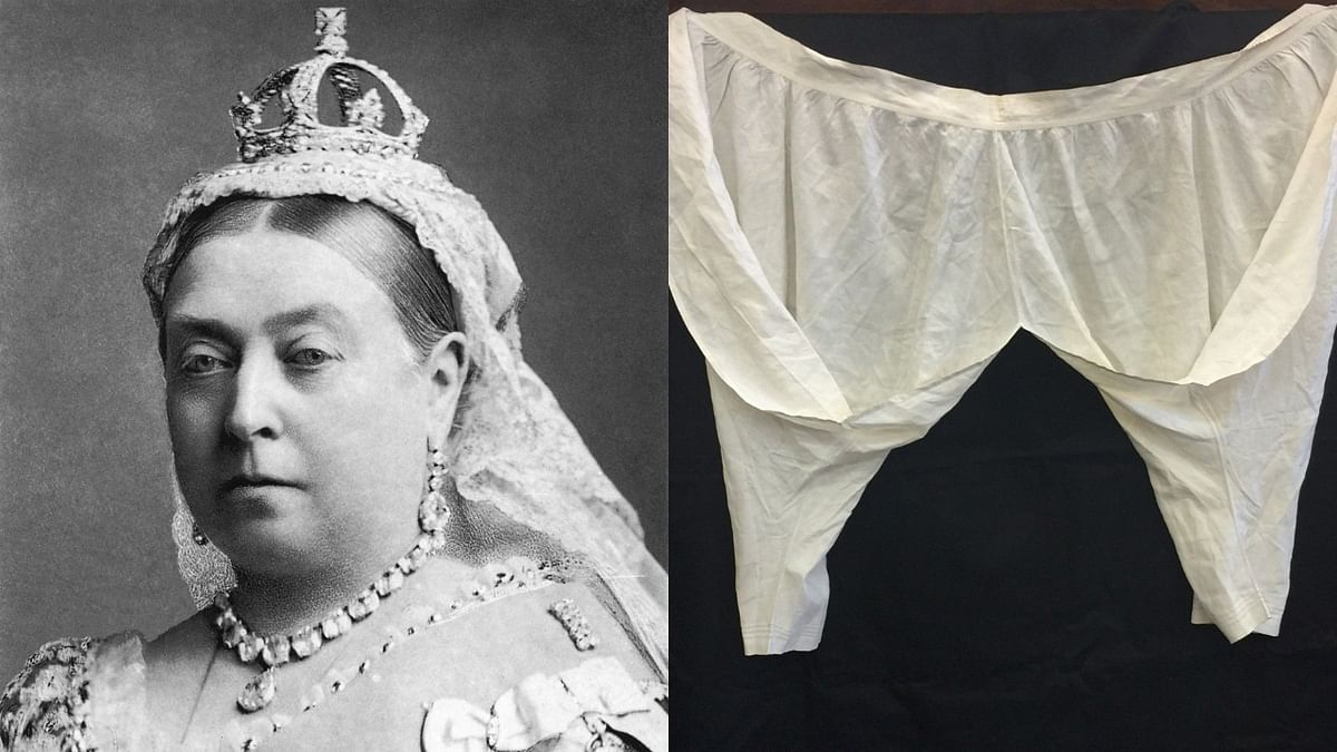 Used bloomers: A pair of Queen Victoria's bloomers were sold for £1000 at an auction. Credit: Wikipedia & Twitter/@Divine_Miss_Em