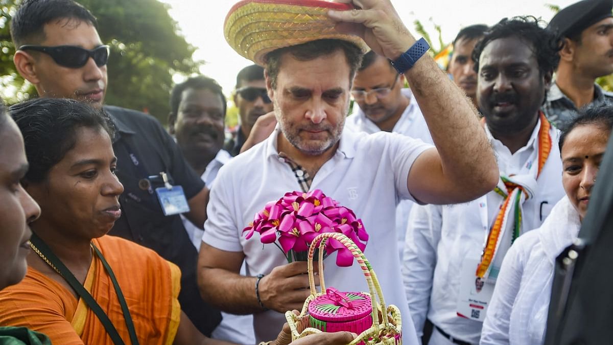 Congress leader Rahul Gandhi being greeted by party workers during the 'Bharat Jodo Yatra', in Kanyakumari district, Friday, Sept. 9, 2022. Credit: PTI Photo