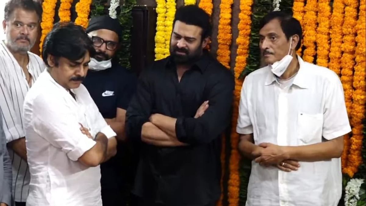 Pawan Kalyan is seen interacting with Prabhas after paying his last respects to Krishnam Raju. Credit: Special Arrangement