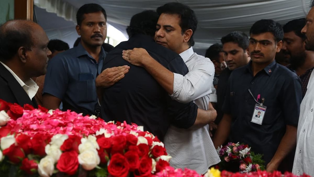 KTR is seen sharing a warm hug with Prabhas, who is Krishnam Raju's nephew.  Credit: Twitter/@KTRTRS