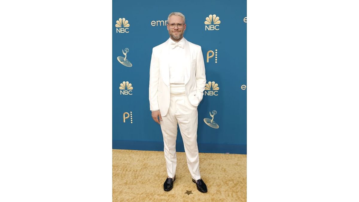 Seth Rogen was seen in his classic wear all-white suit. Credit: AFP Photo