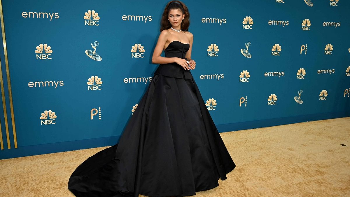 Zendaya went for basic black -- a strapless Valentino gown with a sweeping full skirt and pockets. Credit: AFP Photo