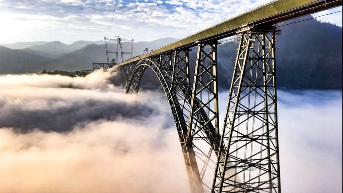 The steel arch of the bridge, which is the world's highest railway bridge, was completed in April 2021. Credit: Twitter/ @RailMinIndia
