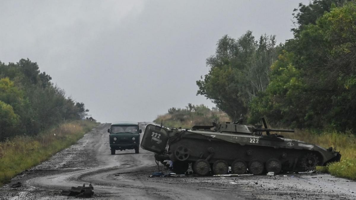 A destroyed Russian BMP Infantry fightign vehicle on the outskirts of Izyum, Kharkiv Region, eastern Ukraine. Credit: AFP Photo