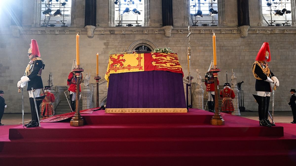 A week since the 96-year-old monarch died peacefully at her Scottish summer residence of Balmoral Castle, her coffin has been part of a historic journey by road and air until it was conveyed in a grand procession from Buckingham Palace to lie in state in the historic hall within the Palace of Westminster. Credit: Reuters Photo