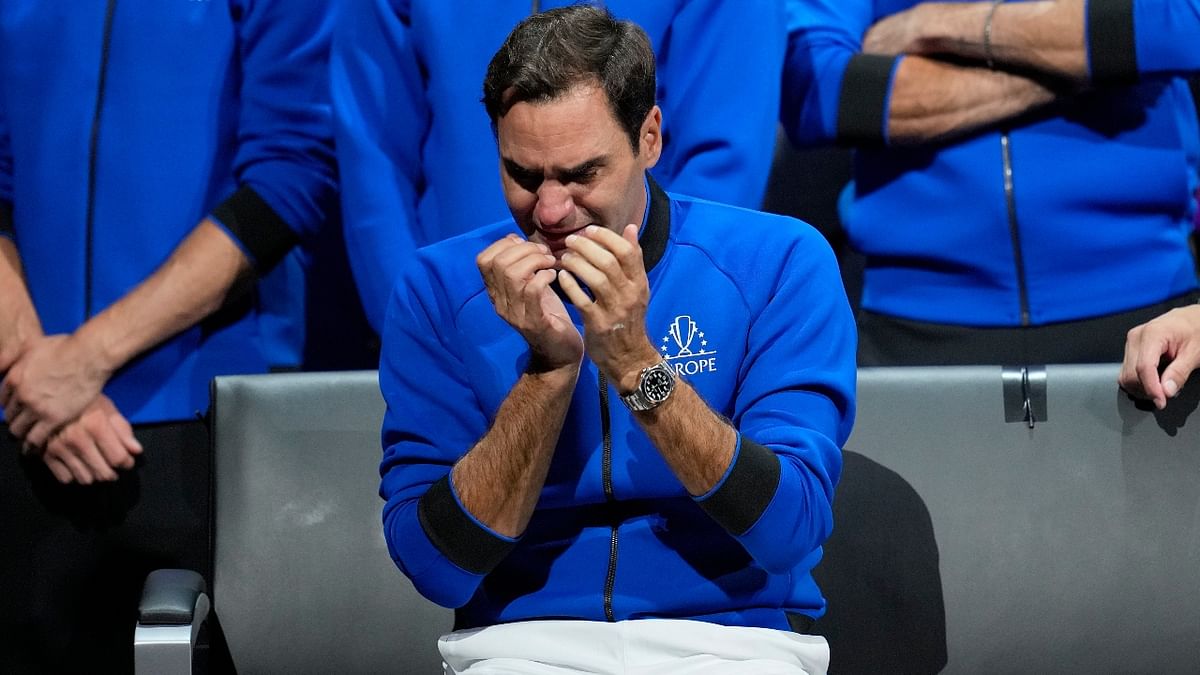 Twenty-time Grand Slam champion Roger Federer burst into tears after his career's last-ever match at the Laver Cup in London on September 24. Credit: AP/PTI Photo