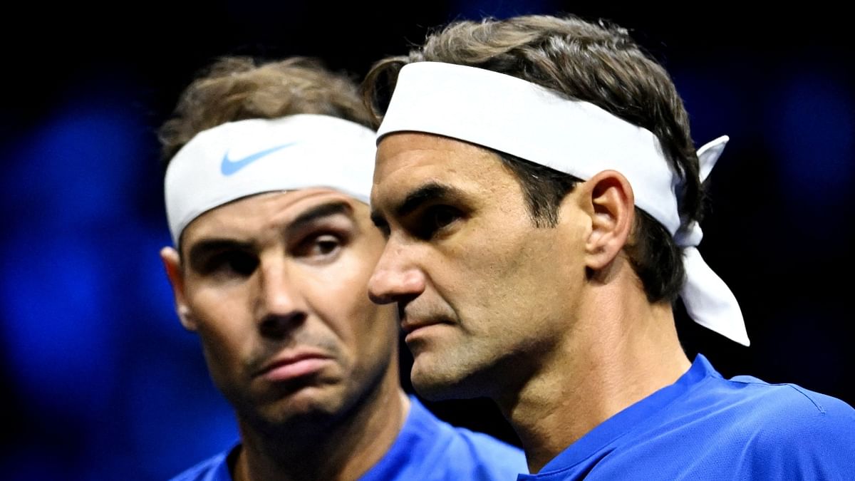 Team Europe's Roger Federer and Rafael Nadal during their doubles match against Team World's Jack Sock and Frances Tiafoe. Credit: Reuters Photo